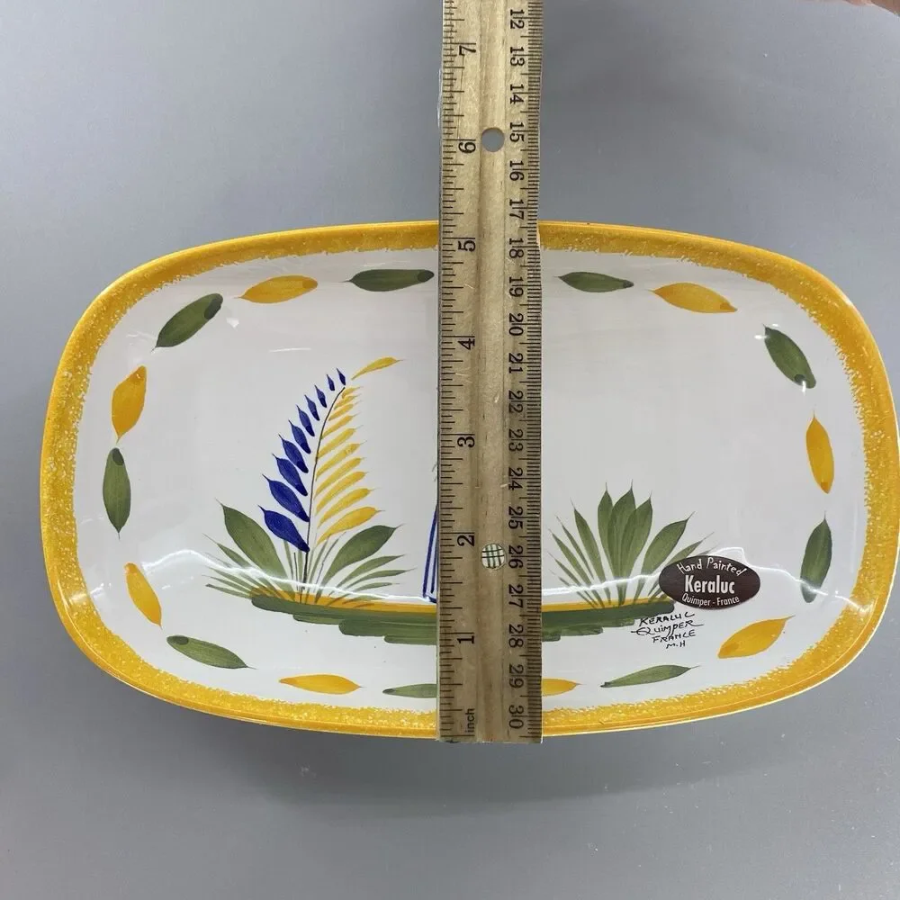 Vintage Keraluc Quimper France Hand Painted Faience Breton Dish Tray Yellow Trim